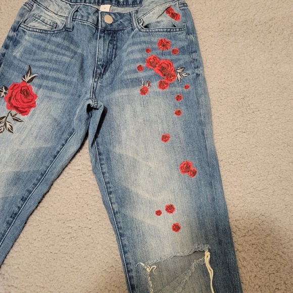 Womens Refuge Blue Pants Rose Embroidered Straight Leg Size 0 Measures 23x28 - Picture 4 of 16